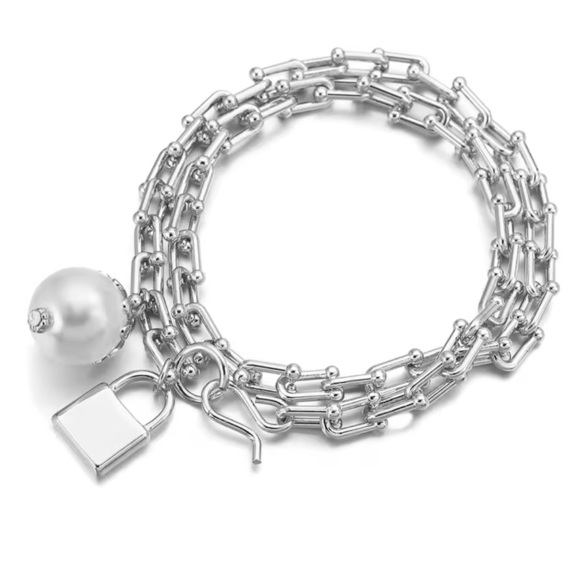 Graduated Link Elegant Silver Chain Lock Pearl Charm - Picture 4 of 7